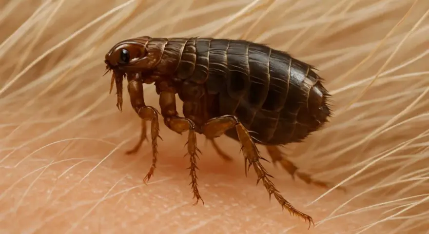 Un primer plano de pulgas negras, parásitos diminutos con patas espinosas, sobre piel y pelo.