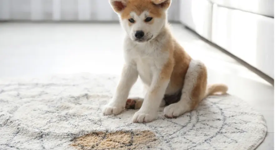 Cachorro Akita sentado en alfombra con mancha de orina. Aprende como quitar el olor a pis de perro para mantener tu hogar fresco.