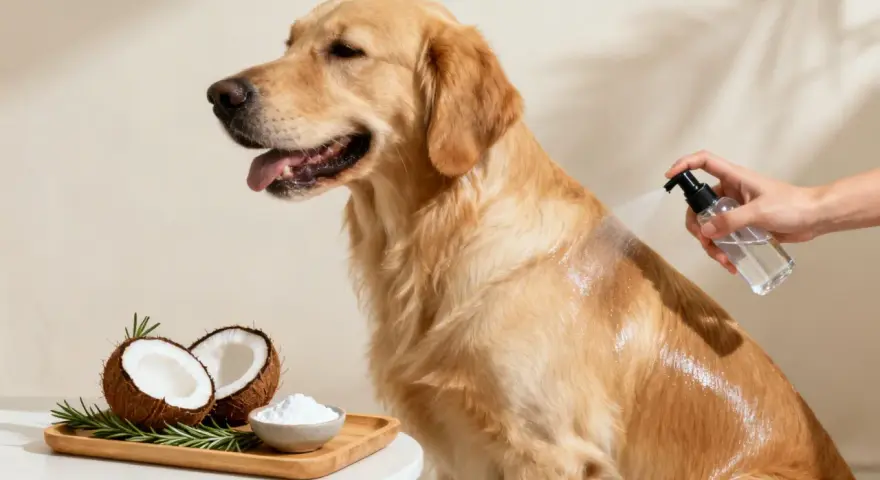 Golden retriever recibe spray para pelo. Ingredientes naturales como coco y romero sugieren cómo quitar rastas a un perro.