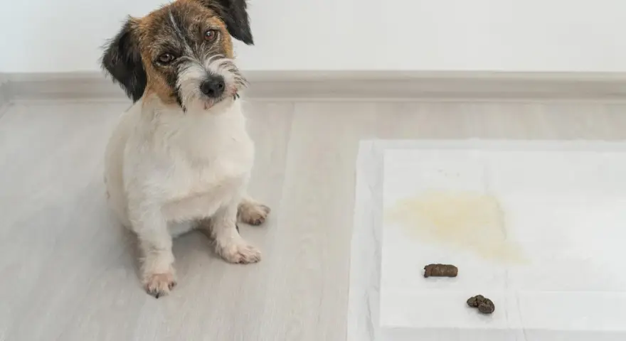 Un cachorro mira a la cámara junto a una alfombrilla de entrenamiento con excrementos. Un recordatorio de que hay que saber como enseñar a un cachorro a hacer sus necesidades en la calle.