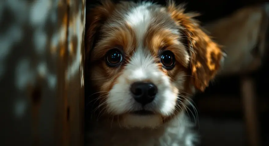 Adorable cachorro con ojos brillantes, demostrando que los perros tienen visión nocturna.