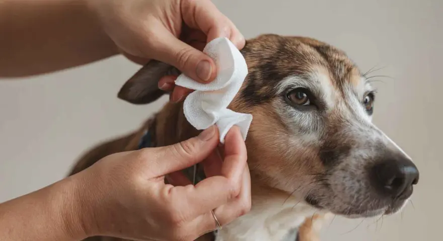 Manos limpian orejas perro con una toallita blanca. Cuidado e higiene para tu mascota.