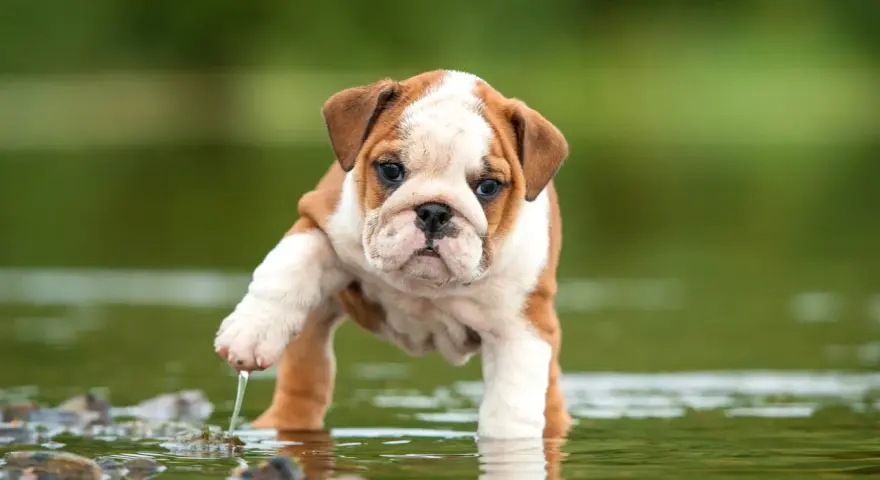 Un tierno bulldog inglés cachorro explora el agua, levantando una pata con gotas cayendo.