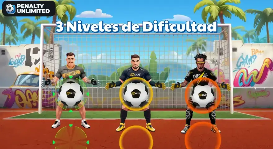 El juego de tiros de penalti: cada multiplicador. Tres porteros listos para detener balones en un campo de fútbol con palmeras y grafitis.