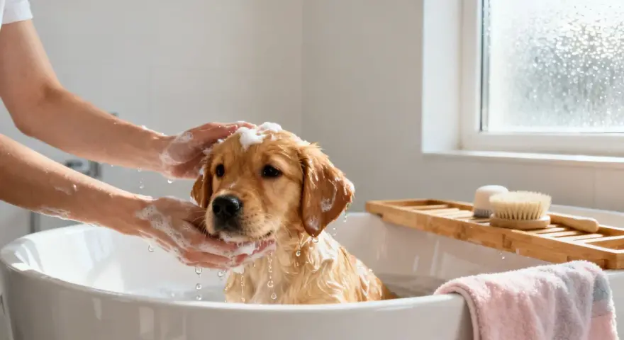Un cachorro golden retriever recibe su primer baño en una bañera. Es el momento perfecto para bañar a un cachorro cuando está sucio.