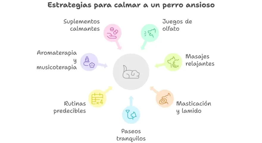 Estrategias para calmar a un perro ansioso: suplementos, aromaterapia, juegos, masajes, masticación, paseos y rutinas predecibles.