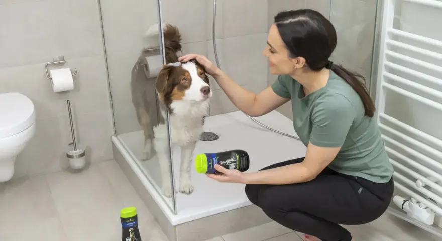 Mujer acaricia a su perro mientras lo baña en la ducha, sosteniendo un champú especial para mascotas.
