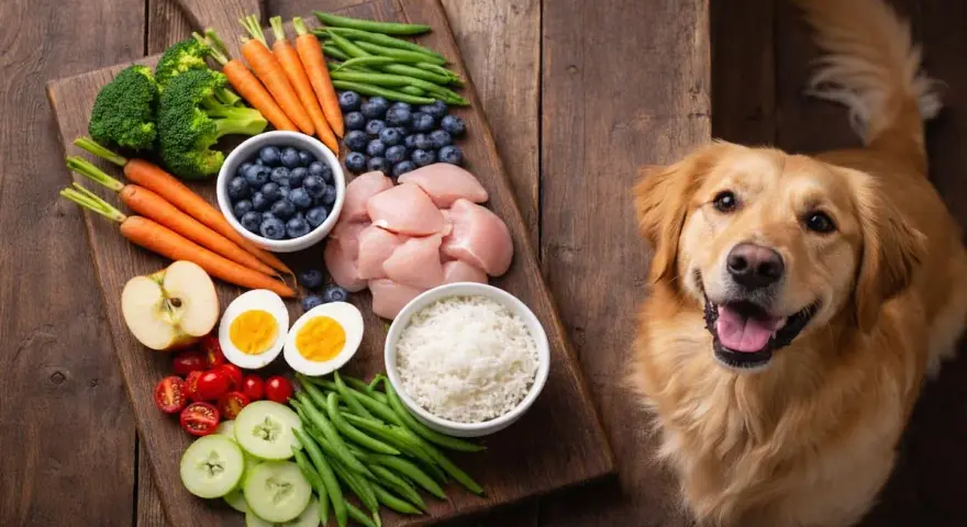 Un perro golden retriever mira con ansias una tabla de madera con ingredientes frescos: pollo, arroz, verduras y frutas. ¡Así es que comen los perros!