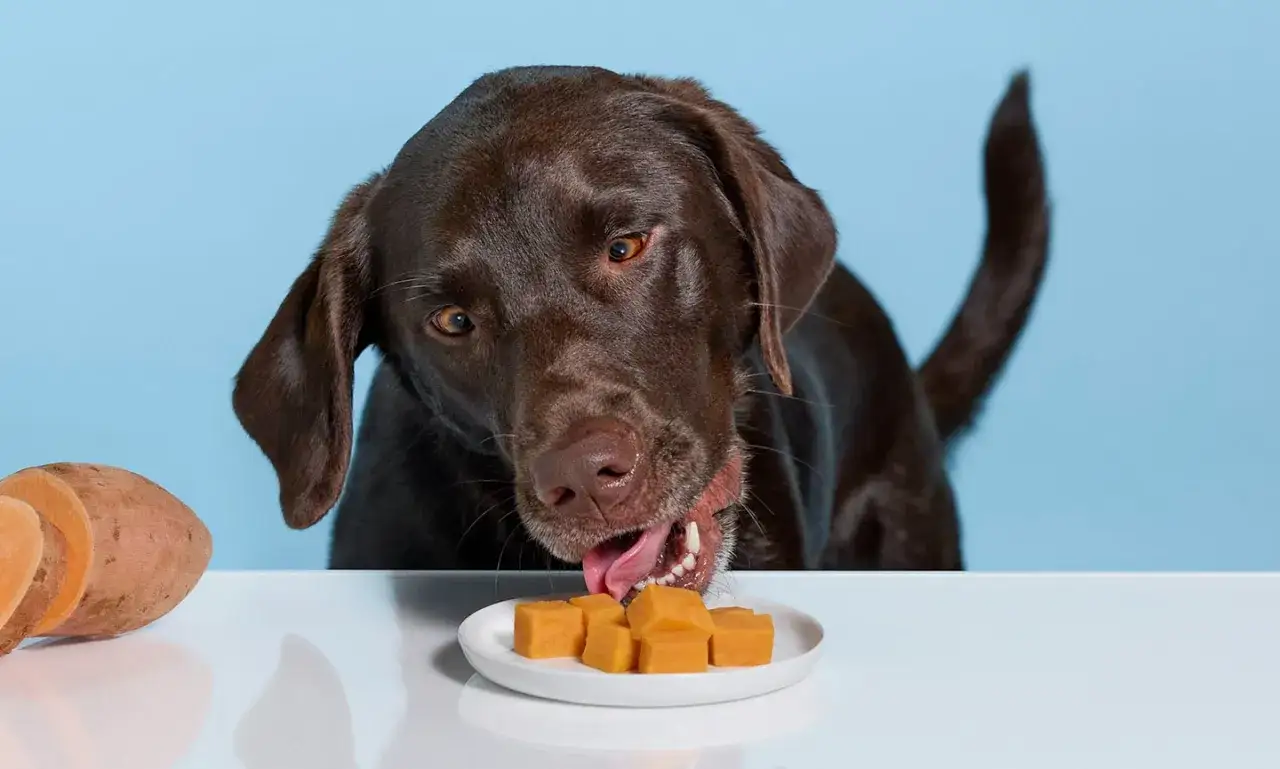 Un perro labrador marrón se inclina para comer cubos de boniato de un plato. ¡Los perros pueden comer boniato!