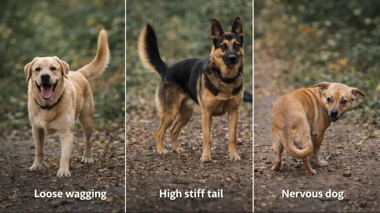 Tres perros muestran diferentes colas: un labrador feliz, un pastor alem&aacute;n alerta y un perro nervioso. Explora los 50 gestos de los perros y significado.