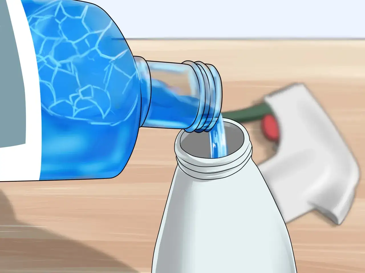 Vertiendo l&iacute;quido azul de una botella a un pulverizador para preparar una soluci&oacute;n para como quitar el olor a pis de perro.