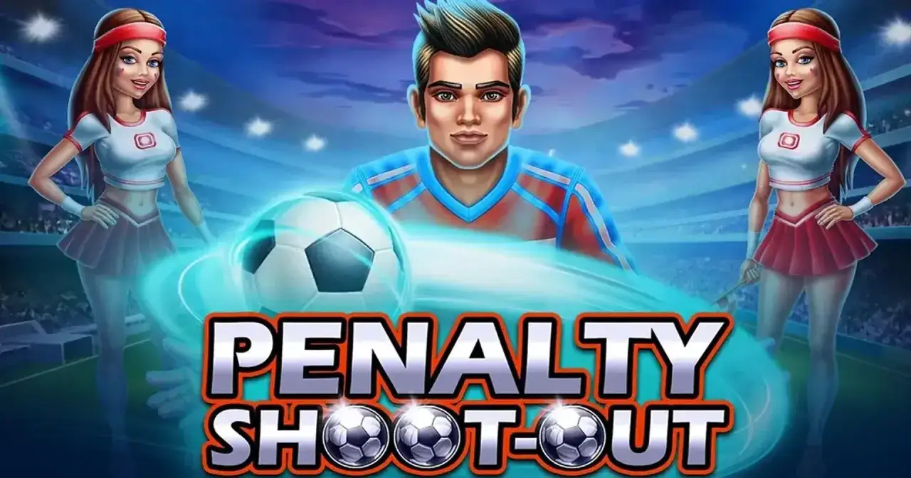 El juego de tiros de penalti: cada multiplicador. Un futbolista y dos animadoras en un estadio, con un balón de fútbol en movimiento.