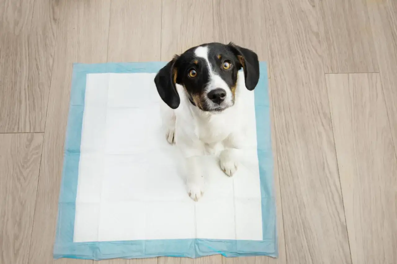 Perro sentado en un empapador, mir&aacute;ndote con cara de 