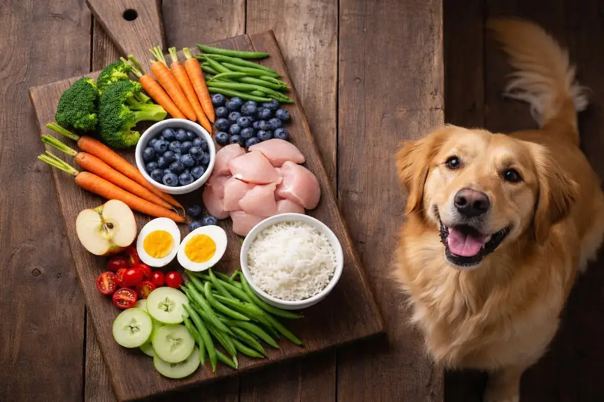 Un golden retriever mira con ansias una tabla con ingredientes frescos: pollo, arroz, verduras y frutas. &iexcl;As&iacute; se ve la comida saludable que comen los perros!