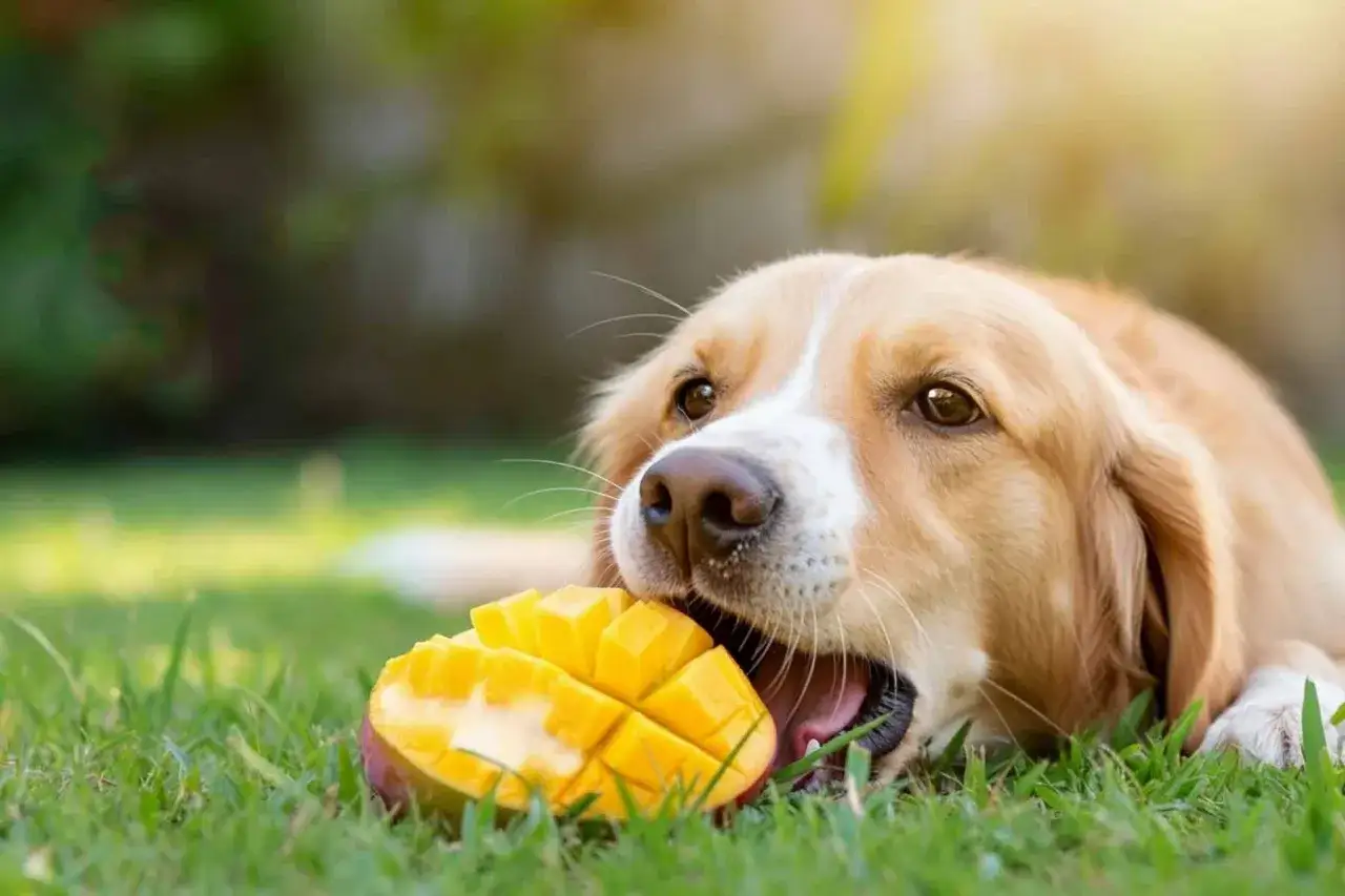 Un perro golden retriever disfruta de un trozo de mango en el césped. ¡Qué delicia! Los perros pueden comer mango.