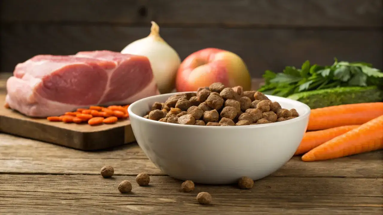 Ingredientes frescos para una dieta natural para perros: carne, zanahorias, manzana, cebolla y hierbas.