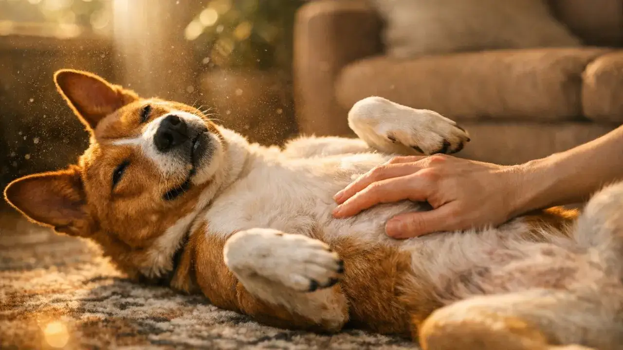 Un perro se revuelca feliz en el suelo mientras le hacen cosquillas en la barriga. Los rayos del sol iluminan el polvo en el aire.