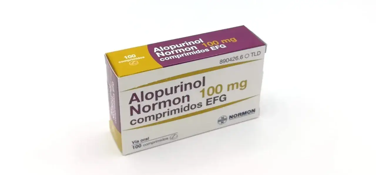 Caja de Alopurinol Normon 100 mg, 100 comprimidos. Medicamento para tratar la gota y cálculos renales, también útil en perros.