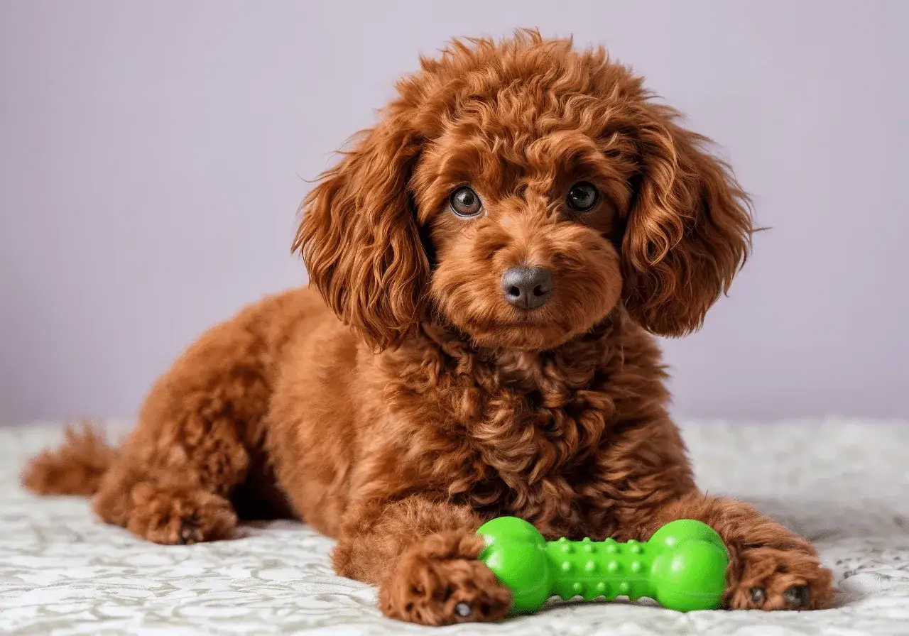 Adorable caniche toy de color marr&oacute;n rojizo, con un juguete verde en forma de hueso.
