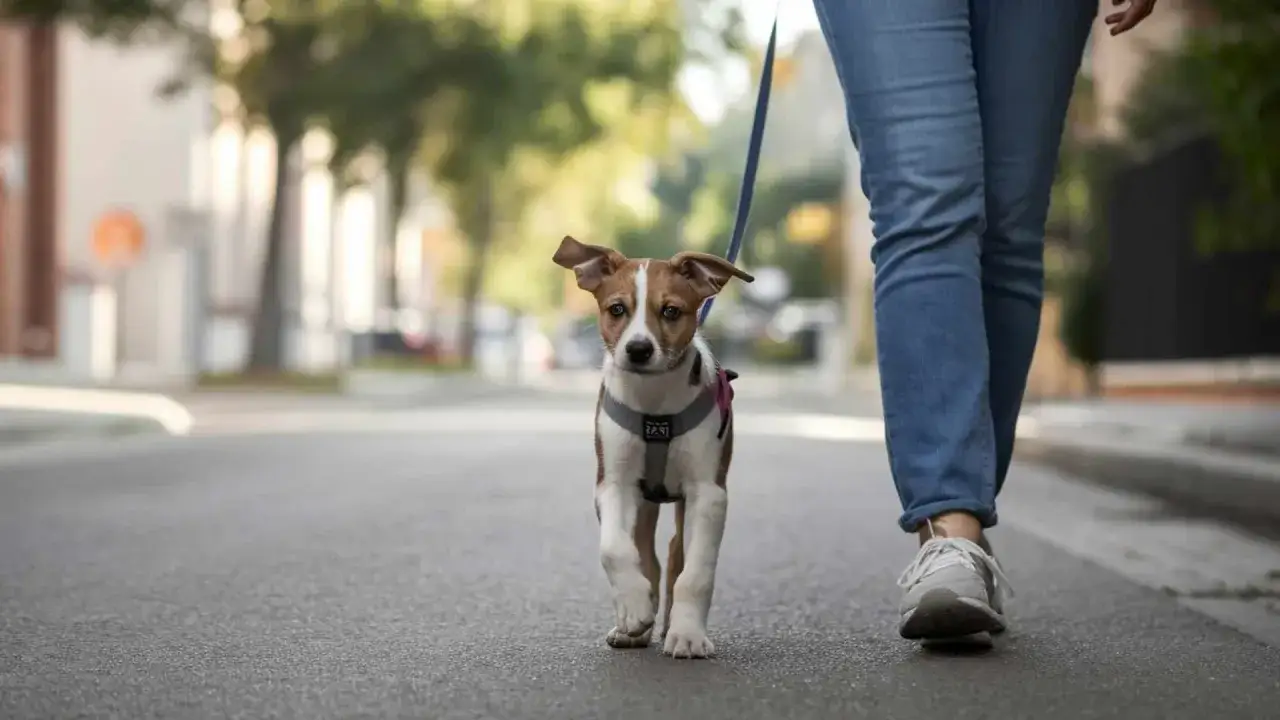 Un cachorro con arn&eacute;s y correa sale a la calle por primera vez, explorando el mundo junto a su due&ntilde;o.