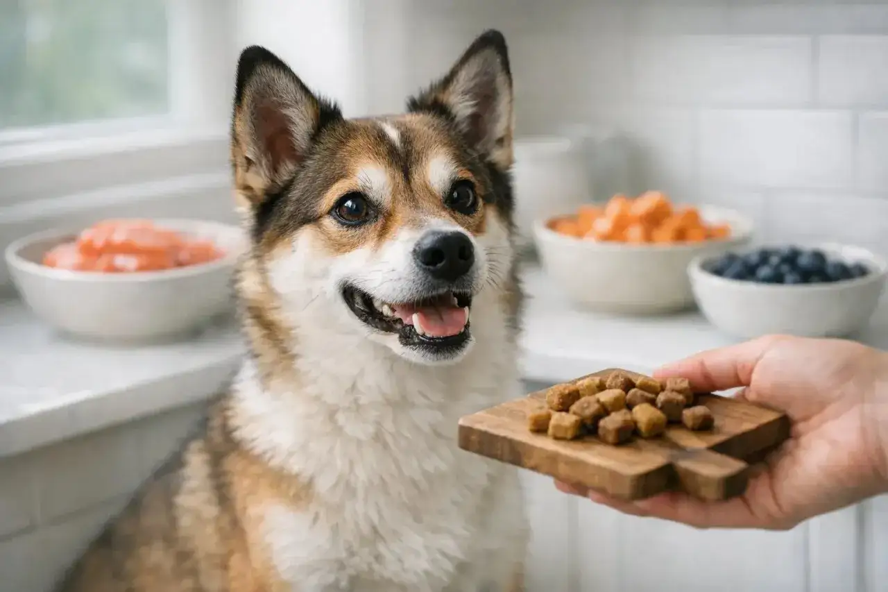 Perro feliz esperando su deliciosa alimentaci&oacute;n. Detr&aacute;s, cuencos con salm&oacute;n, zanahorias y ar&aacute;ndanos.