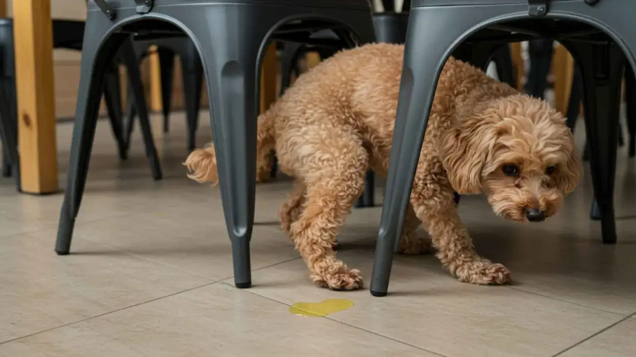 Perro asustado cerca de un charco de orina bajo una mesa. ¿Cómo castigar a un perro que se orina en casa?