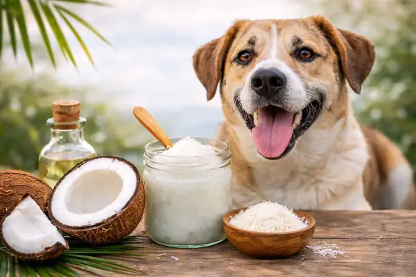 Un perro feliz mira mientras se prepara un festín de coco. ¡Los perros pueden comer coco!