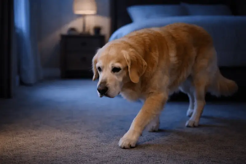 Golden retriever camina por la habitación en la oscuridad. Parece que mi perro no para de dar vueltas por la noche.